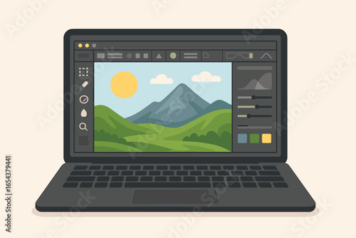 Photo editing software on computer screen. Graphic design and retouching concept. Laptop with program for digital illustration, image manipulation, color correction of a landscape.