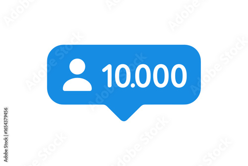 10k followers notification. Social media counter icon with 10,000 users. Blue bubble for celebrating a subscriber milestone. Follower growth symbol. User engagement vector.