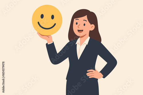 Positive feedback at work. Businesswoman holding smiley face emoji. Customer satisfaction survey concept. Happy employee with good rating. Motivation and encouragement illustration.
