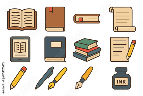 Set of literary and stationery flat design icons. Vector cartoon illustration of books, e-reader, pen, pencil, ink, and paper. Concepts for education, library, writing, and reading.