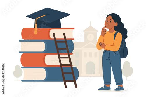 Student thinking about higher education and future career path. Metaphor with stack of books, ladder to graduation cap. School building background. Flat design vector concept.