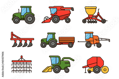 Agricultural machinery icons set. Farm vehicle and equipment collection. Tractor, combine harvester, plow, seeder, sprayer, baler. Vector cartoon illustration for farming.