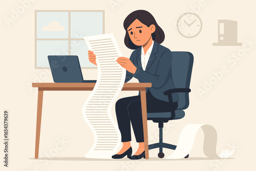 Stressed businesswoman overwhelmed by long contract. Woman reading long paper document. Financial report, bill, or invoice. Sad female employee has problems with paperwork.