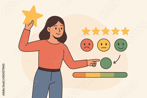 Customer satisfaction concept with woman giving a five-star rating. Positive feedback, client review, and consumer evaluation. User experience and excellent service score.