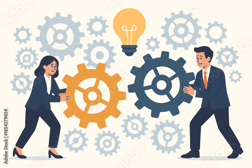 Problem solving concept. Business people working together. Teamwork and collaboration for a business solution. Man and woman with gears and cogwheels. Innovation and idea.