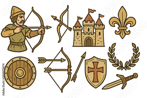 Medieval icons set. Archer with bow, castle, shield, sword, fleur de lis. Historical knight equipment. Middle ages clipart collection. Vintage retro vector cartoon illustration.