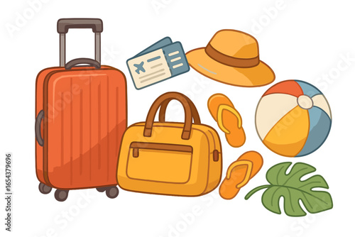 Travel essentials set for summer vacation. Beach accessories collection with luggage, bag, airline ticket, hat, flip flops, and ball. Holiday trip and tourism concept vector.