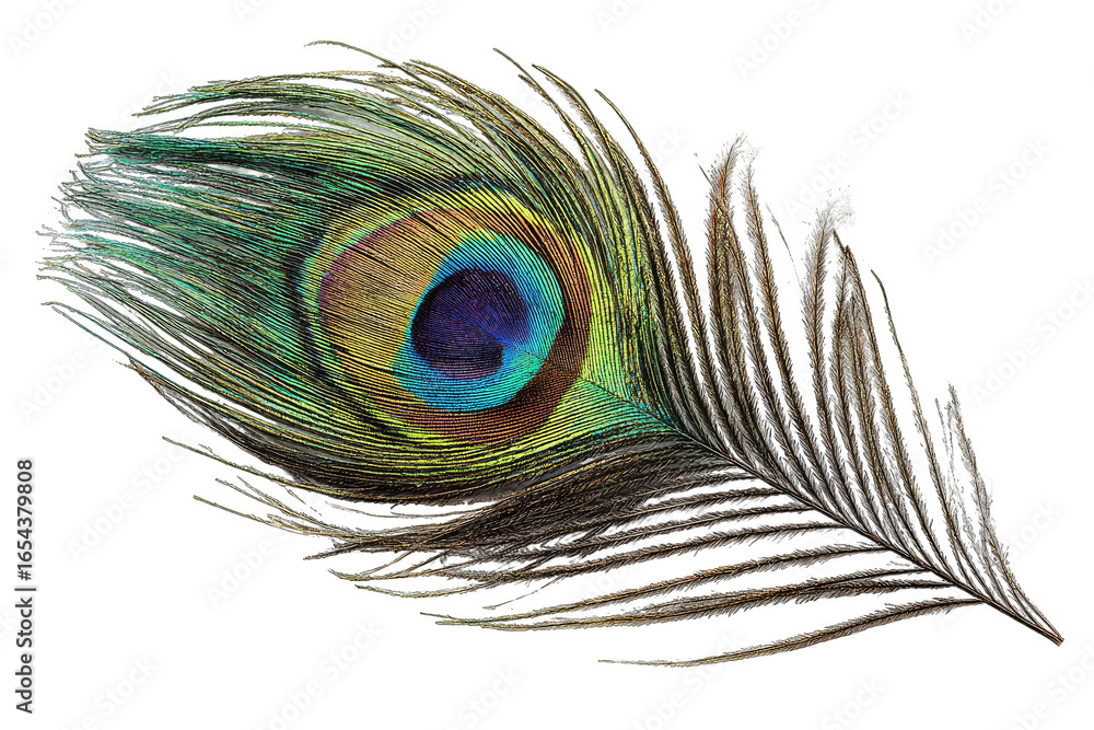 Fototapeta premium Vibrant peacock feather, detailed close-up, showcasing iridescent colors