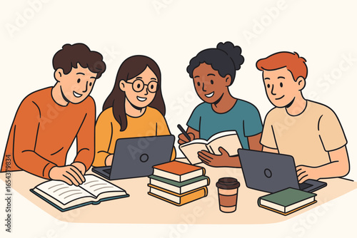 Group of students studying together. Young diverse team working on school project. Education and learning concept. Teamwork and collaboration in university. People with laptops and books.