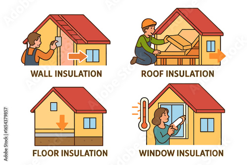 Home insulation techniques for energy efficiency. Wall, roof, floor, and window thermal insulation set. Heat and cold protection for comfort and energy saving. Vector illustration.
