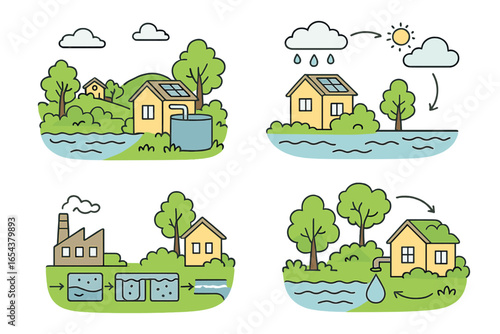 Eco-friendly water management vector illustration set. Diagrams showing water cycle, rainwater collection, wastewater purification, and green roof systems for sustainability.