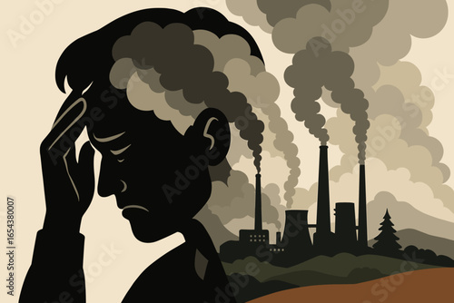 Air pollution causing anxiety and headache. Stressed man silhouette with polluting factory smoke in his mind. Environmental problem, climate change and mental health vector.