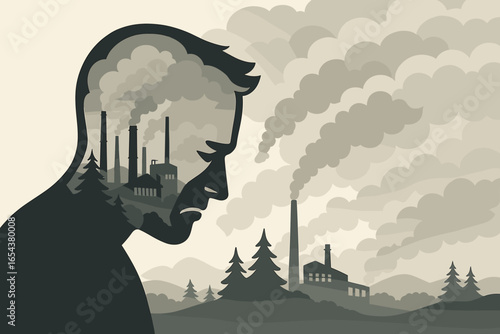 Air pollution and climate change concept. Man's silhouette with polluting factory inside his mind. Metaphor for eco-anxiety, despair, and mental health issues from industry.