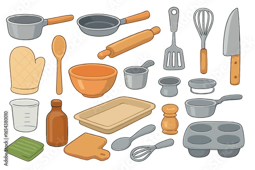 Kitchen utensils and baking tools set. Vector cartoon illustration collection for cooking. Cookware, equipment, rolling pin, pan, bowl, knife. Isolated on transparent background.