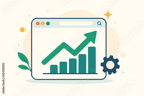 Search engine optimisation SEO concept with browser and rising chart. Website traffic growth analysis. Business data performance success with green arrow pointing upwards vector.