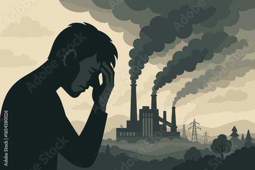 Upset man silhouette over air pollution from industrial factory smoke. Concept for climate change, environmental contamination, global warming, nature destruction, and despair.