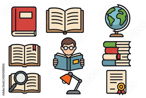 Set of education and reading icons in flat design. Vector illustration pack with book, student, globe, diploma, and magnifying glass for school, library, and learning concepts.