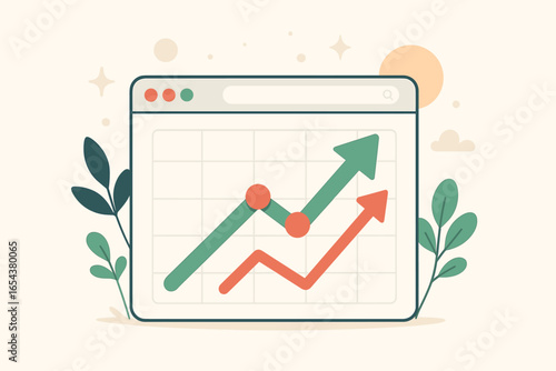 Search engine optimization SEO concept with browser and rising chart. Website traffic analytics and data analysis for business growth. Up arrow on graph showing success and progress.