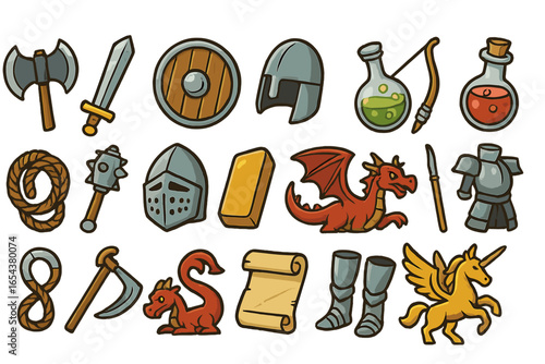 Medieval fantasy RPG icon set. Cartoon vector game assets collection. Includes dragon, unicorn, sword, shield, armor, potion, helmet, axe. Adventure items for UI design.