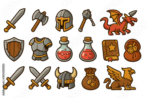 Medieval fantasy icon set. RPG game assets. Vector cartoon illustration. Sword, axe, shield, armor, potion, dragon, griffin, spellbook, money bag. GUI elements.