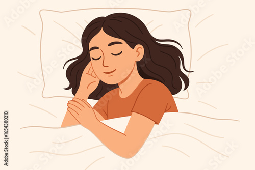 Sleeping woman enjoys serene rest. Young female character lying in bed, head on pillow under blanket. Concept of comfort, relaxation, sweet dreams, and healthy bedtime routine.