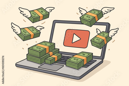 Video creator money concept. Laptop with play button and flying dollar bills. Influencer income, vlog monetization, making money online. Streaming revenue, financial success vector.