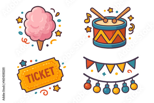 Carnival and funfair icon set. Vector cartoon illustrations of cotton candy, drum, admission ticket, and party garland with lights. Isolated fair elements for festive celebration design.