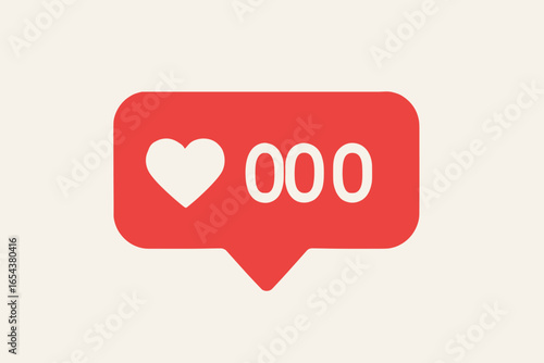 Social media likes symbol. Flat design of red bubble with heart symbol and number counter. Follower engagement concept. Vector cartoon illustration for app interface design.