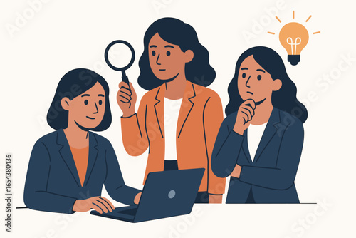 Team of businesswomen working, doing research, and thinking. Female teamwork, collaboration, and brainstorming concept. Women finding solution and new ideas. Flat design vector.
