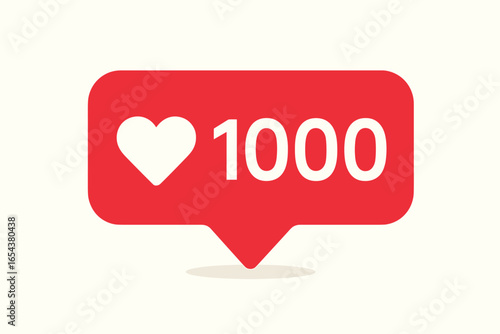 Social media 1000 likes notification with heart. Follower count icon. Vector for post. App button with counter. Flat design symbol for community engagement and popularity.