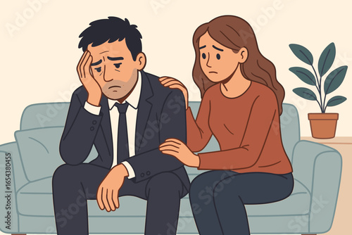 Wife comforting sad husband. Depressed businessman feeling stress and burnout. Man frustrated by work problems. Mental health, relationship support, empathy concept vector.