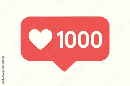 Social media notification icon with 1000 likes. Red speech bubble with a heart symbol. Concept for web and app design. Follower engagement, community success and love. Vector.