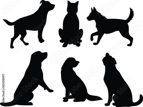 A Collection of Dog Silhouettes Exhibiting Various Postures and Breeds, a Diverse Array of Canine Representations in Striking Black