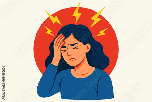 Woman with migraine, headache. Visual representation of pain, stress, tension. Sick female character suffering. Concept of health problems, disease, pressure, depression, ache.