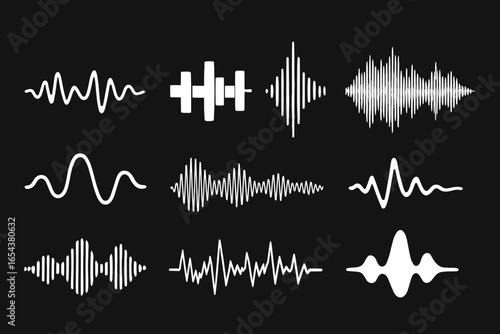Set of sound and audio waves. Vector elements for music track or song. Voice waveform, soundwave shapes. Radio signal pulse, digital equalizer line icon collection on black.