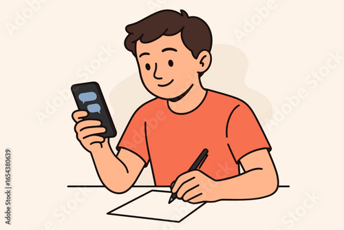 Young student distracted by smartphone, texting instead of studying. Multitasking concept with boy holding phone and pen. Modern technology addiction and education vector.