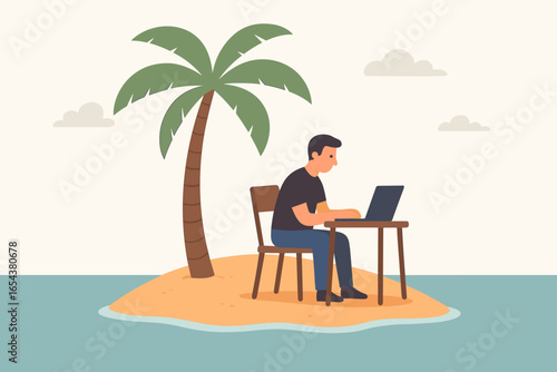 Remote work concept. Man on deserted island with laptop. Digital nomad lifestyle. Freelancer job in solitude. Work from anywhere. Escape and freedom. Tropical paradise office.