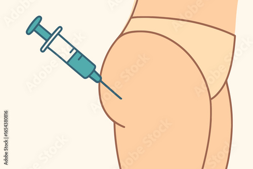 Animated cartoon flat vaccination shot. Syringe needle injection inserted on a butt cheek skin. Medicine, immunization concept video clip. Healthcare medical.