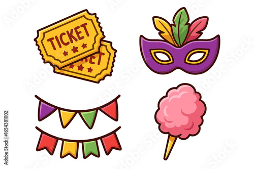 Carnival icon set. Festive party collection. Circus tickets, festival mask, celebration flags, cotton candy. Amusement park concept. Vector funfair cartoon illustration.