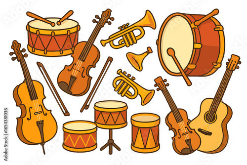 Collection of musical instruments vector illustration. Set of cartoon icons. Music equipment for orchestra or band. Drum, violin, cello, trumpet, guitar. Sound, melody concept.