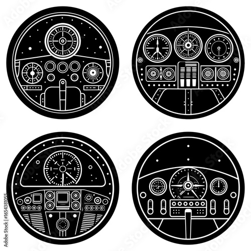 Four circular black and white illustrations of airplane cockpit dashboards with various gauges and controls