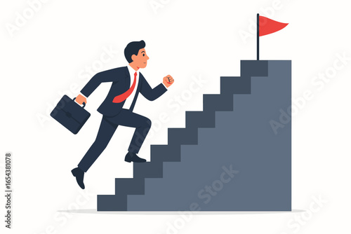 Businessman running up stairs to success. Career growth and business goal concept. Man on stairway to leadership and achievement with a flag. Flat vector illustration.