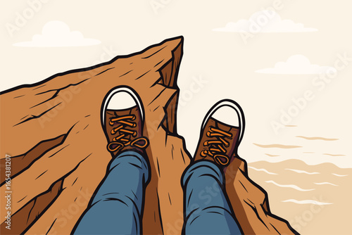 Man standing on edge of a cliff. Legs and feet on a peak looking down. Danger, adrenaline rush, and risk taking concept. Metaphor for suicide, fear or challenge. POV vector.