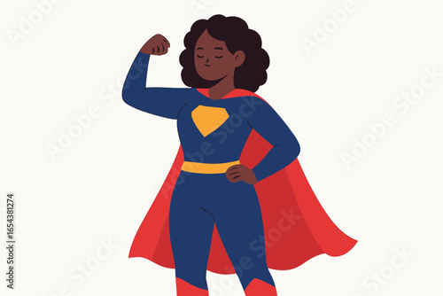 Strong black woman superhero showing muscle and strength. African American superwoman in a cape. Female empowerment, feminism, and girl power concept. Vector cartoon illustration.