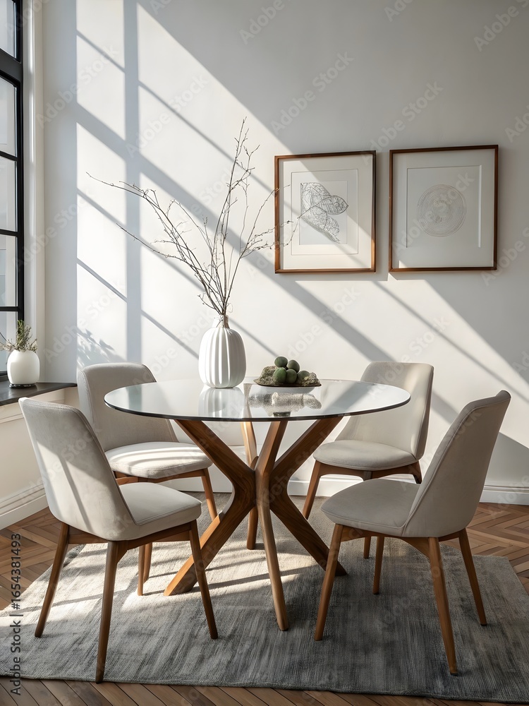 Fototapeta premium Sunlit Dining Area with Round Table, Four Chairs, and Framed Art on the Wall