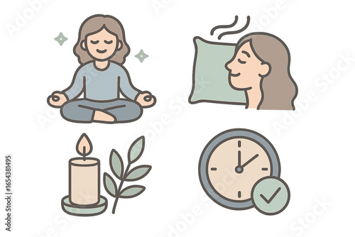 Wellness icon set for self-care and mental health. Healthy lifestyle concept with meditation, yoga, sleep, relaxation, and time management. Mindfulness and balance routine vector.