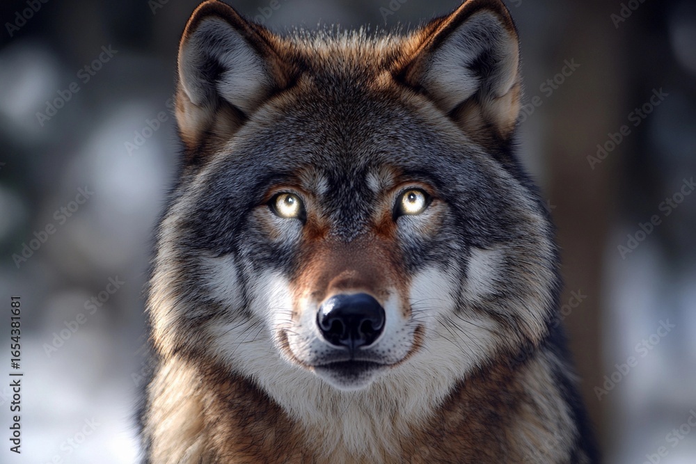 Fototapeta premium Wolf with radiant eyes reflects the power of the moon in a mystical forest setting under twilight sky