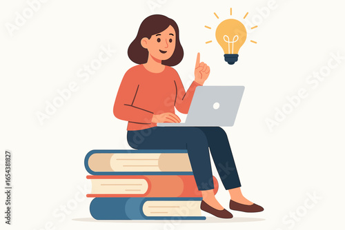 Woman having an idea. Vector illustration of female character with laptop sitting on books. Concept for business, creativity, innovation, education, learning, startup, solution.