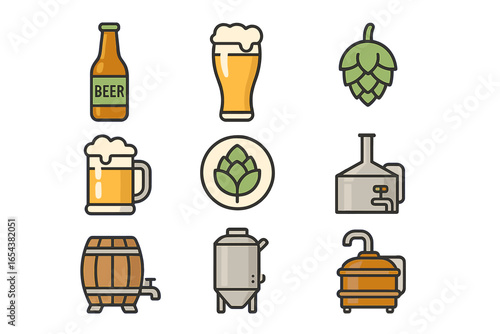 Beer icon set vector collection. Craft beer brewing symbols. Brewery equipment, bottle, glass, mug, barrel, hops. Pub and bar menu graphic elements. Ale lager illustration.