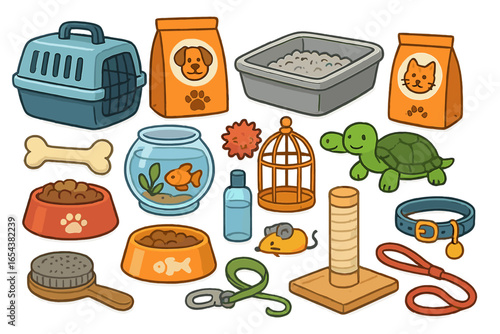 Pet shop supplies collection. Cartoon vector set of animal care accessories. Dog and cat food, toys, collar, leash, carrier, brush. Fish bowl, turtle, cage. Flat design icons.